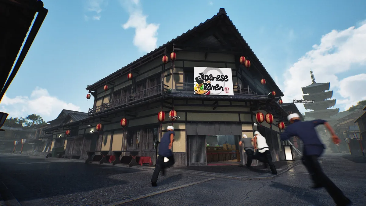 Characters approaching a two-storey ramen restaurant decorated with red lanterns.