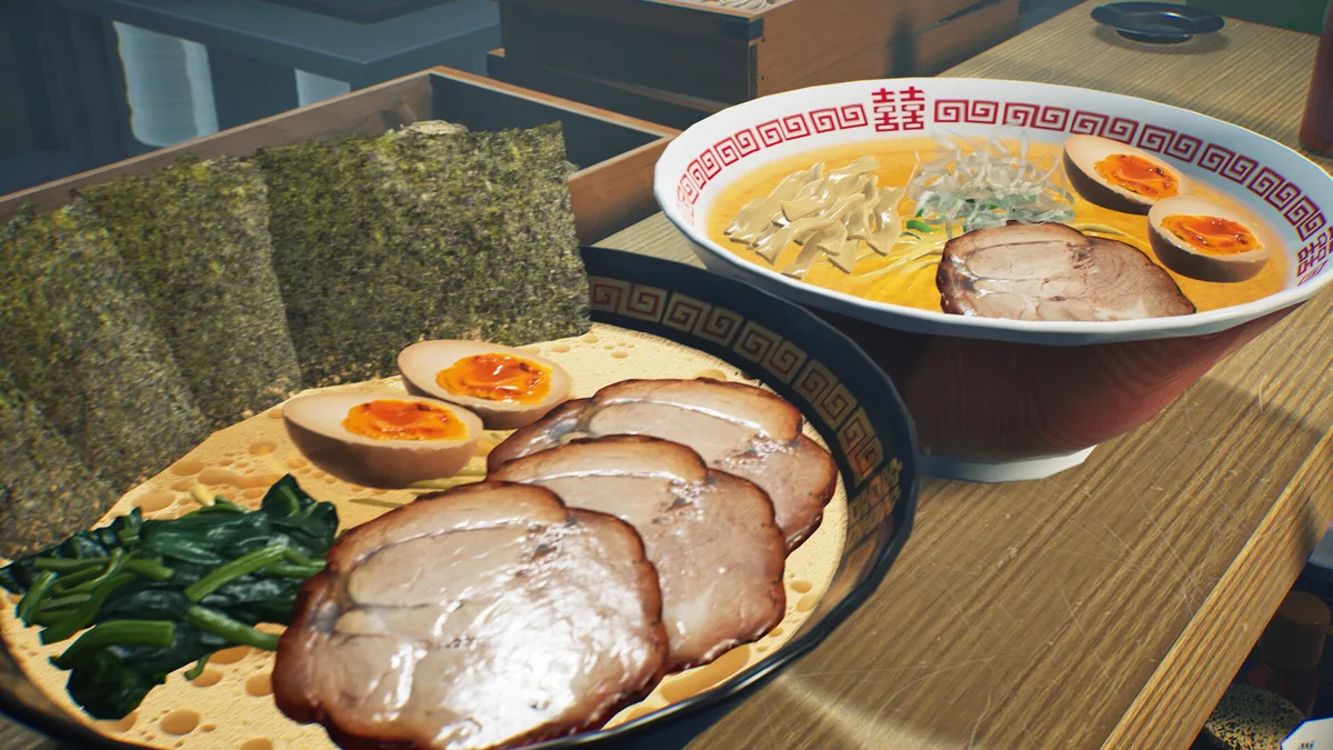 Two finished ramen bowls on the restaurant counter in Japanese Ramen Simulator.